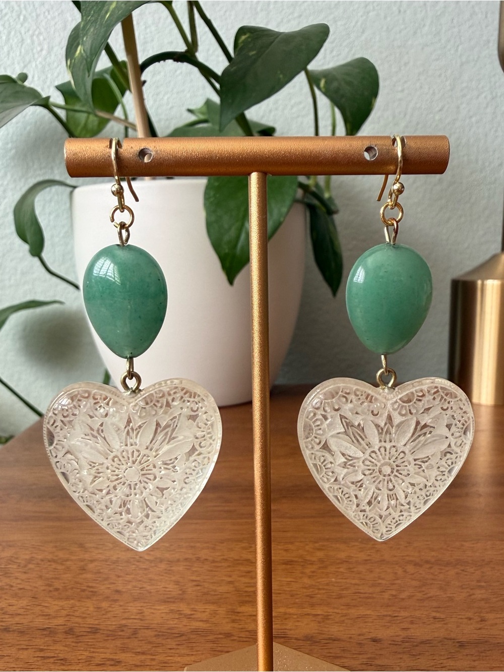 Vintage Handmade Green Adventurine Jade GemStone Translucent Heart Drop Earrings